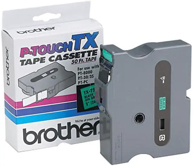 Main image of Brother TX7511 TX Tape Cartridge for PT-8000, PT-PC, PT-30/35, 1w, Black on Green