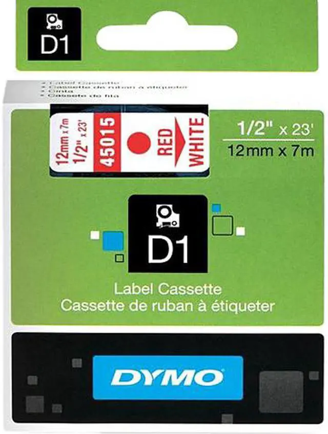 Main image of D1 Standard Tape Cartridge for Dymo Label Makers, 1/2in x 23ft, Red on White