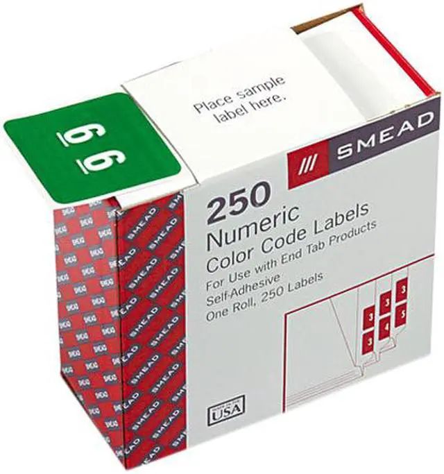 Main image of Smead 67426 Single Digit End Tab Labels, Number 6, White-on-Green, 250/Roll
