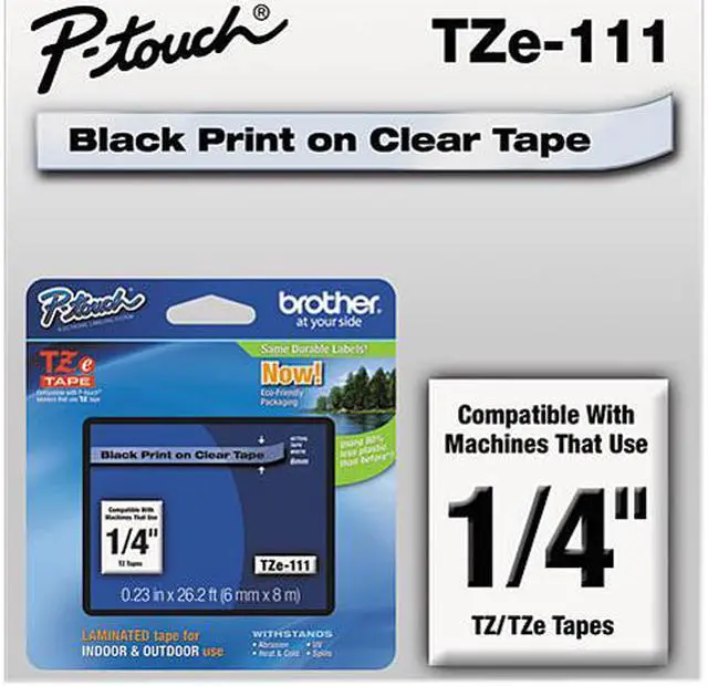 Main image of Brother TZE111TZe Standard Adhesive Laminated Labeling Tape, 1/4w, Black on Clear