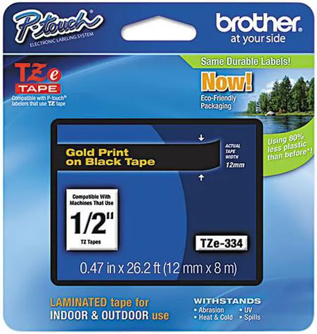 Main image of Brother 12mm (1/2") Gold on Black Laminated Tape (8m/26.2') (1/Pkg)