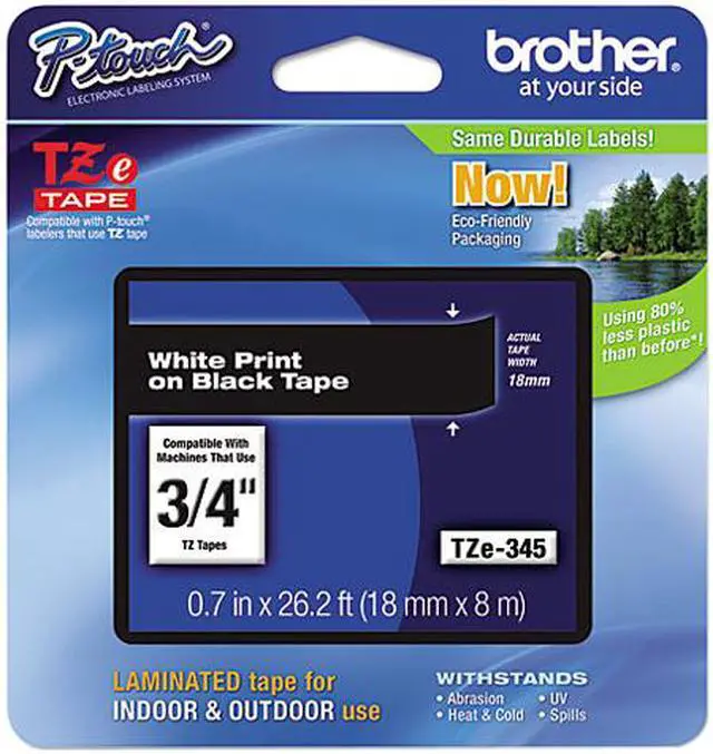 Main image of Brother P-Touch TZE345 TZe Standard Adhesive Laminated Labeling Tape, 3/4w, White on Black