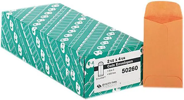 Main image of Quality Park 50260 Kraft Coin & Small Parts Envelope, Side Seam, #3, Light Brown, 500/Box