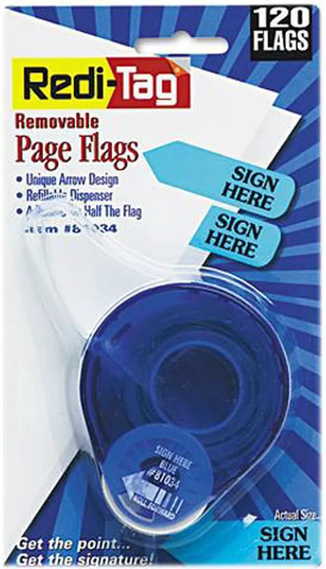 Main image of Redi-Tag 81034 Arrow Message Page Flags in Dispenser, "Sign Here", Blue, 120 Flags/Dispenser