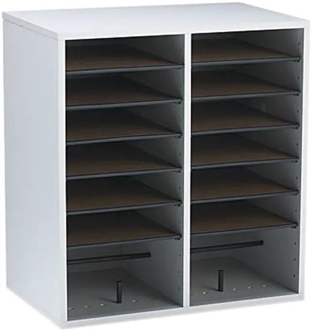 Main image of Safco 9422GR Wood/Laminate Literature/CD Sorter, 16 Sections, 19 1/2 x 11 3/4 x 20, Gray Wood