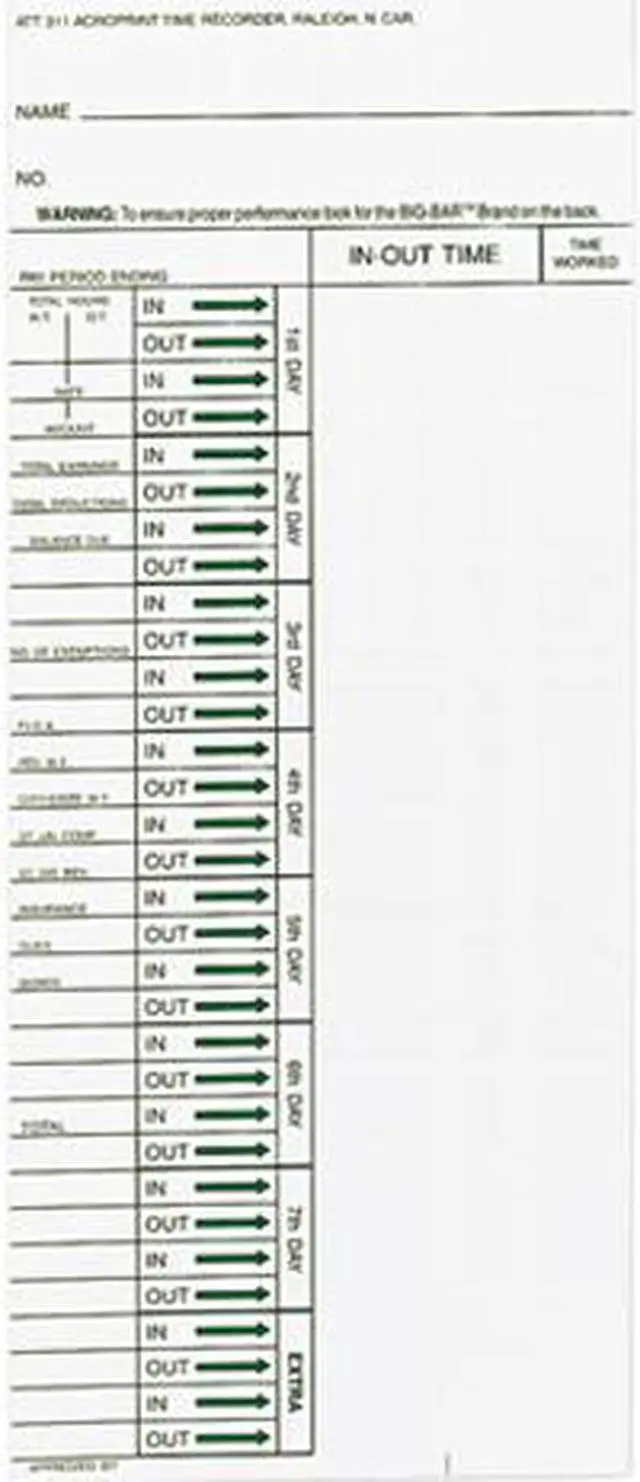 Main image of Acroprint Time Recorder 09-6103-080 Time Card for Model ATT310 Electronic Totalizing Time Recorder, Weekly, 200/Pack