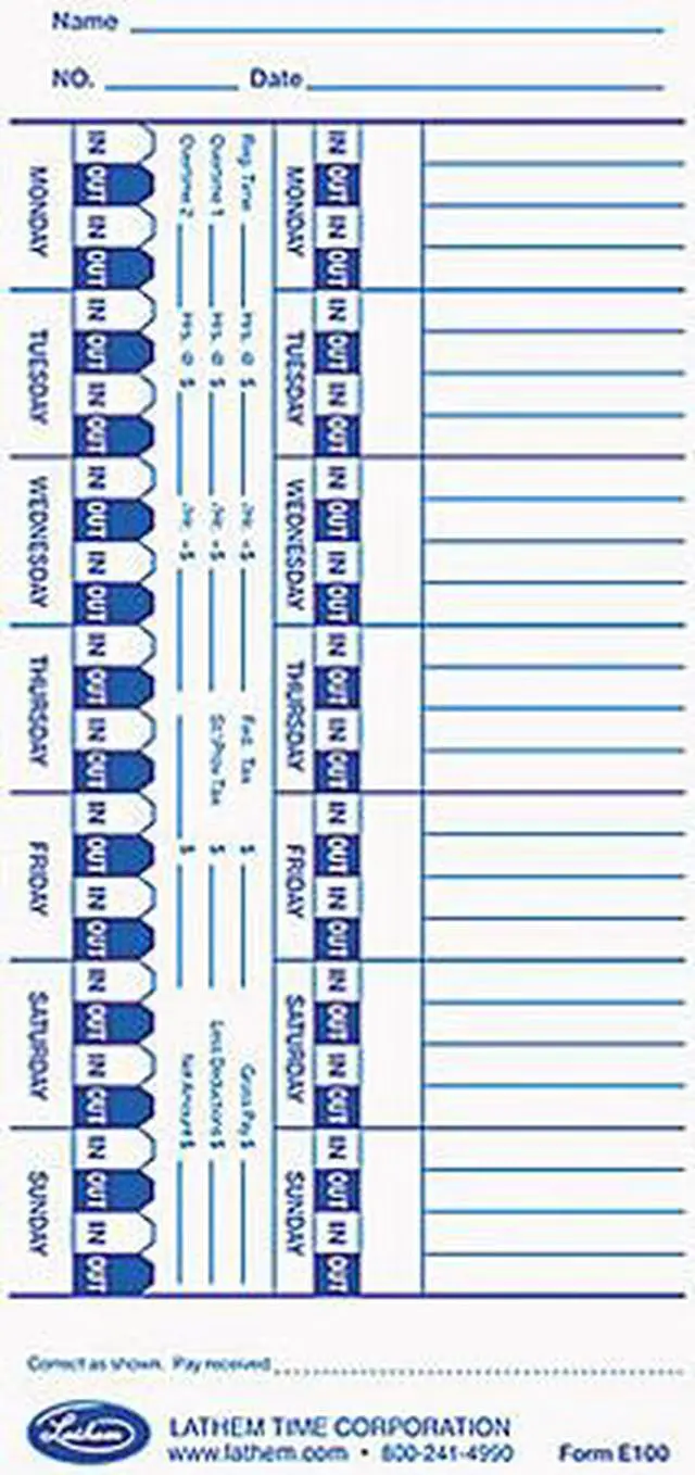 Main image of Lathem Time E100 Universal Time Card, White, 100/Pack