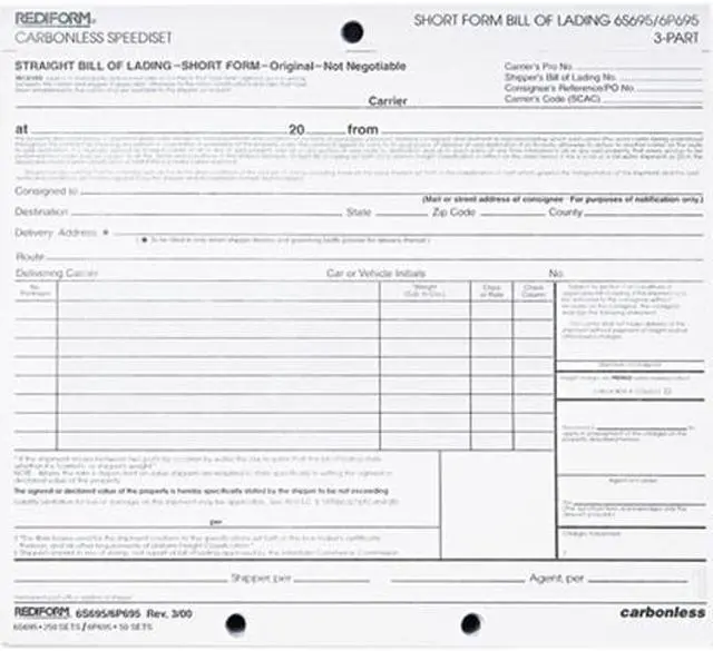 Main image of Rediform 6P695 Bill of Lading, Short Form, 8-1/2 x 7, Three-Part, 50 Loose Form Sets/Pack
