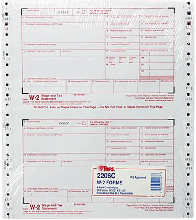 Main image of Tops 2206C W-2 Tax Form, Six-Part Carbonless, 24 Forms