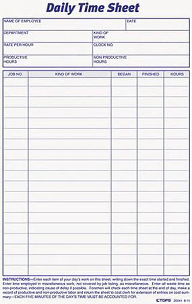 Main image of Tops 30041 Daily Time and Job Sheets, 6 x 9-1/2, 100/Pad, 2/Pack