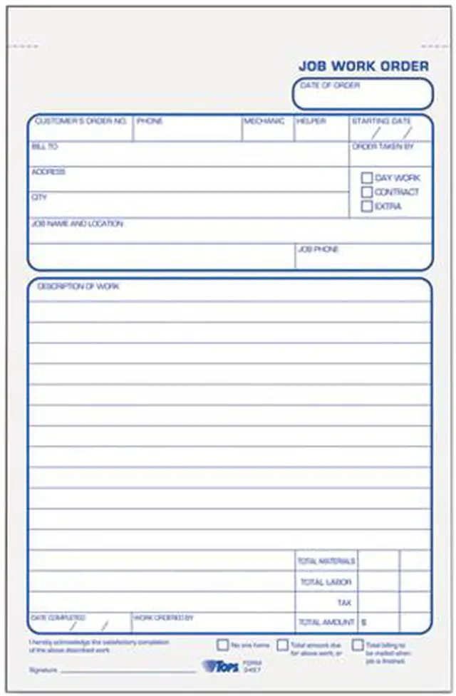Main image of Tops 3467 Job Work Order Pad, 5-1/2 x 8-1/2, Two-Part Carbon, 50/Pad