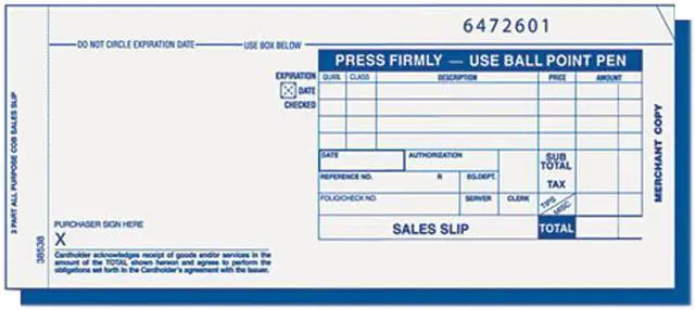 Main image of Tops 38538 Credit Card Sales Slip, 7-7/8 x 3-1/4, Three-Part Carbonless, 100 Forms