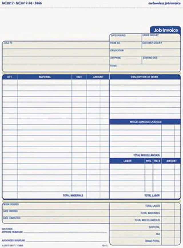 Main image of Tops 3866 Snap-Off Job Invoice Form, 8-1/2 x 11, Three-Part Carbonless, 50 Forms