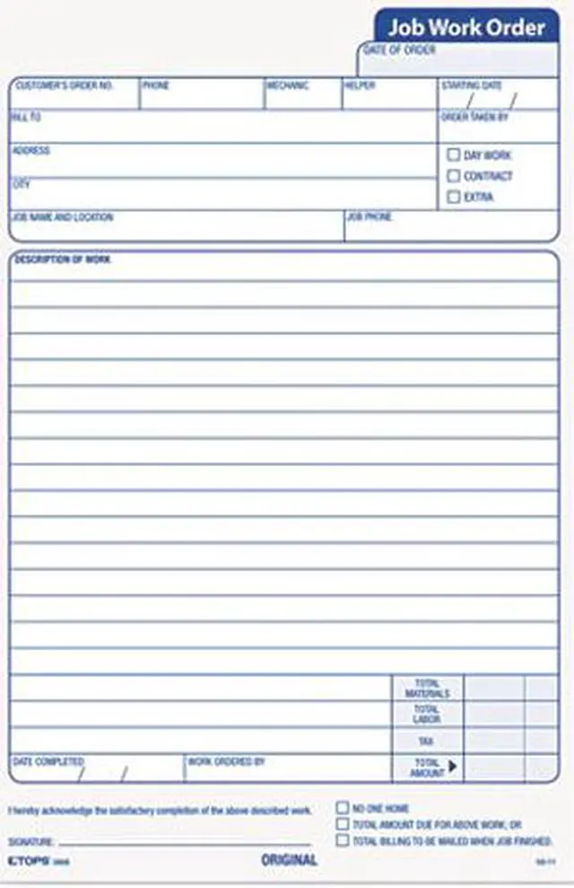 Main image of Tops 3868 Job Work Order, 5-1/2" X 9-1/8", 3-Part Carbonless, White/Canary/White, 50 ST/PK