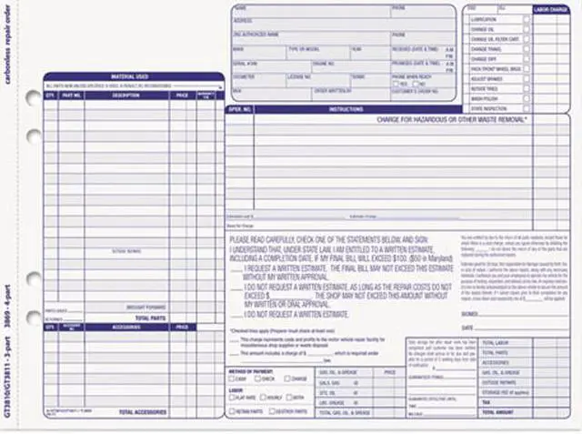 Main image of Tops 3869 Auto Repair Four-Part Order Form, 8-1/2 x 11, Four-Part Carbonless, 50 Forms