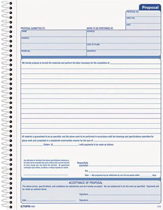 Main image of Tops 41850 Spiralbound Proposal Form Book, 8-1/2 x 11, Two-Part Carbonless, 50 Sets/Book