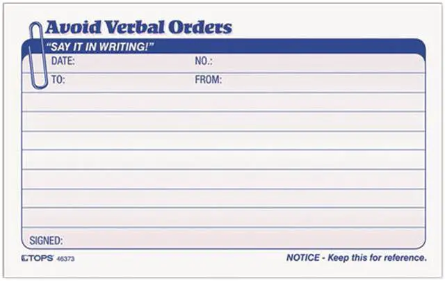 Main image of Tops 46373 Avoid Verbal Orders Manifold Book, 7 x 4-1/4, Two-Part Carbonless, 50 Sets/Book