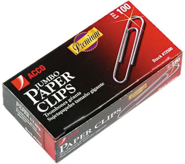 Main image of Acco 72500 Smooth Finish Premium Paper Clips, Wire, Jumbo, Silver, 100/Box, 10 Boxes/Pack