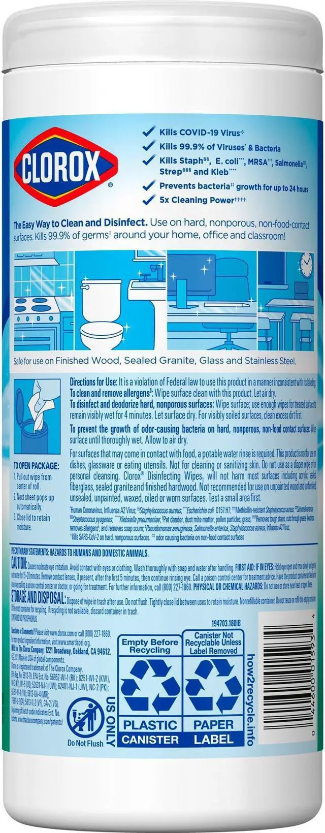 Alt view image 2 of 3 - Clorox Disinfecting Wipes, 7 x 8, Fresh Scent, 35/Canister, 12/Carton CLO01593CT