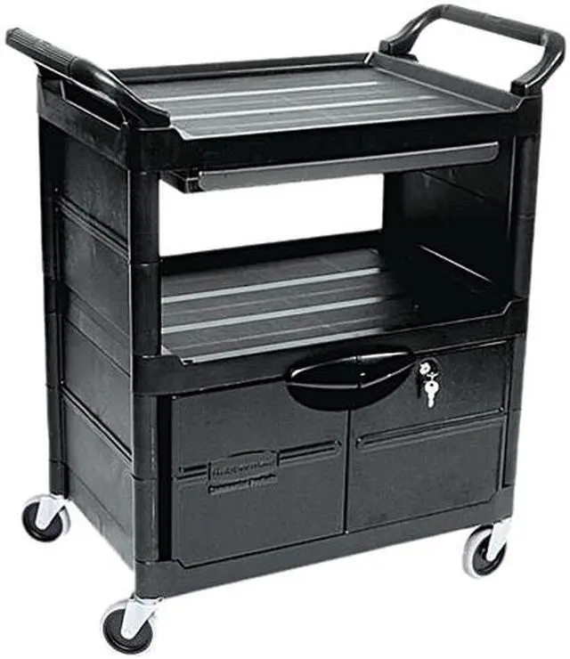 Main image of Rubbermaid Commercial 345700BLA Utility Cart w/Locking Doors, 2-Shelf, 33-5/8w x 18-5/8d x 37-3/4h, Black