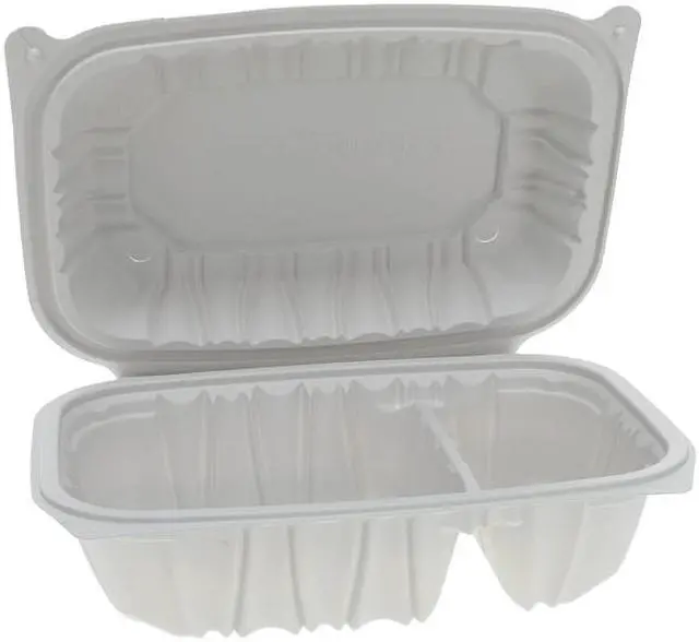 Alt view image 2 of 4 - Pactiv EarthChoice Vented Microwavable MFPP Hinged Lid Container, 2-Compartment, 9 x 6 x 3.1, White, Plastic, 170/Carton YCNW02052