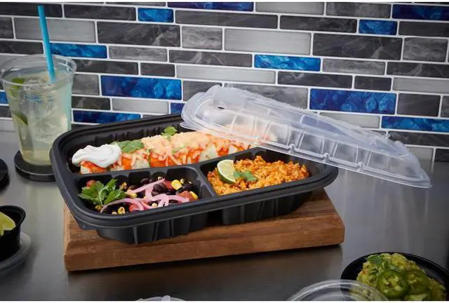 Alt view image 3 of 3 - Pactiv EarthChoice Entree2Go Takeout Container, 3-Compartment, 48 oz, 11.75 x 8.75 x 2.13, Black, Plastic, 200/Carton YCNB12X95203