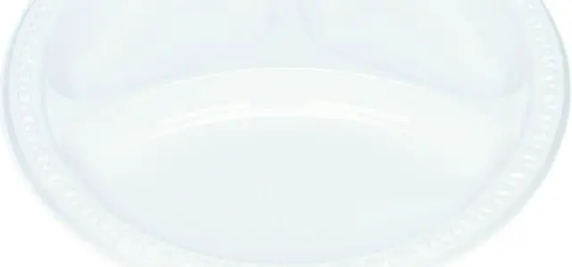 Main image of Tablemate 19644WH Plastic Dinnerware, Compartment Plates, 9" Diameter, White, 125/Pack