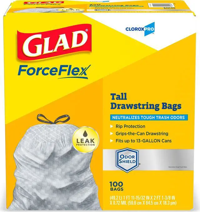 Main image of Glad ForceFlex Tall Kitchen Drawstring Trash Bags, 13 gal, 0.72 mil, 23.75" x 24.88", Gray, 100/Box CLO70427