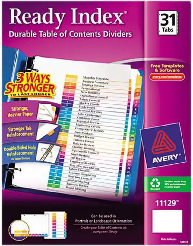 Main image of Avery Ready Index 31 Number Dividers, Customizable Table of Contents, Classic Multicolor Tabs, 1 Set (11129)
