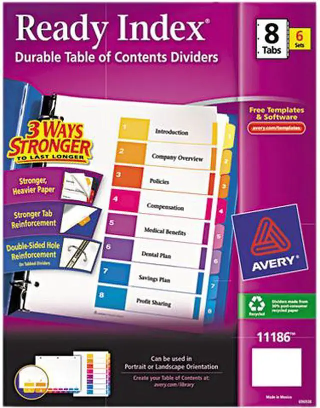 Main image of Avery 11186 Ready Index 8-Tab Binder Dividers, Customizable Table of Contents, Multicolor Tabs, 6 Sets (11186)