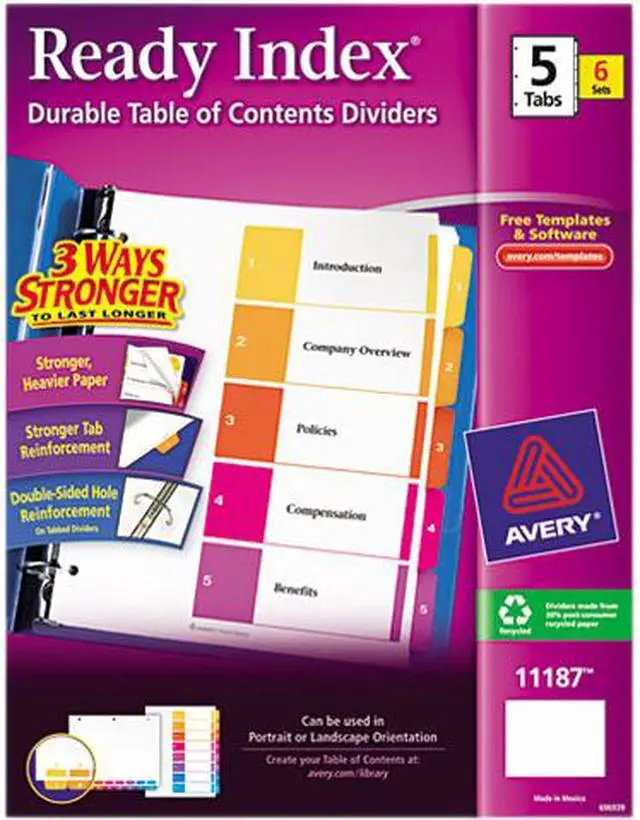 Main image of Avery 11187 Ready Index 5-Tab Binder Dividers, Customizable Table of Contents, Multicolor Tabs, 6 Sets (11187)