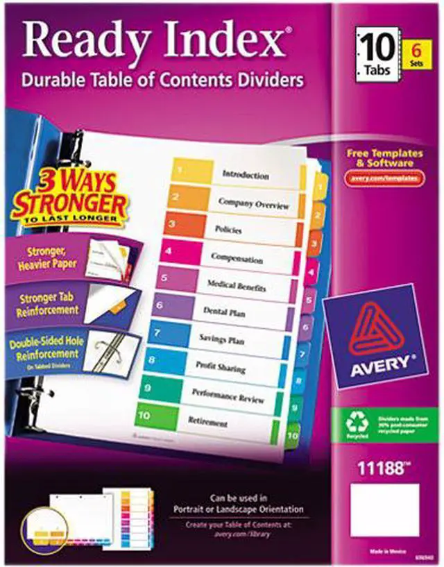 Main image of Avery 11188 Ready Index 10-Tab Binder Dividers, Customizable Table of Contents, Multicolor Tabs, 6 Sets (11188)