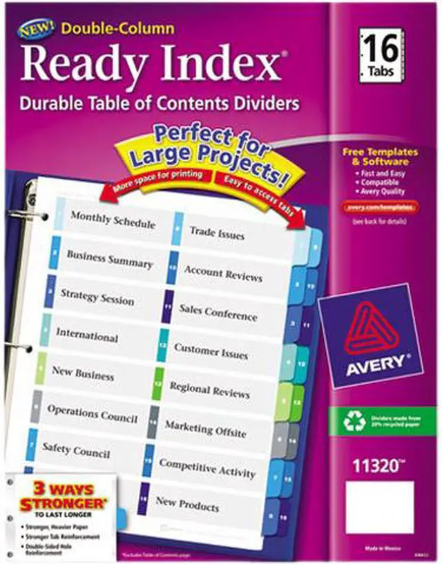 Main image of Avery AVE11320 Ready Index Customizable Table of Contents Double Column Dividers, 16-Tab, Ltr