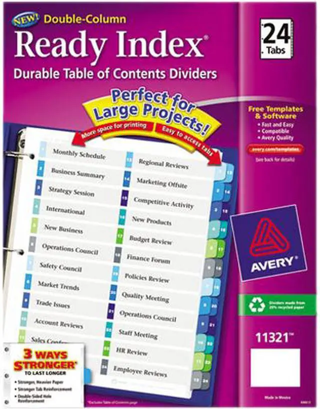 Main image of Avery Ready Index 24-Tab Double Column Dividers, Printable Table of Contents, Multicolor Tabs, 1 Set (11321)