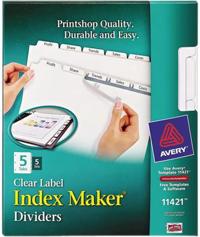 Main image of Avery 11421 Index Maker White Dividers For Copiers, 5-Tab, Letter, Clear, 5 Sets/Pack