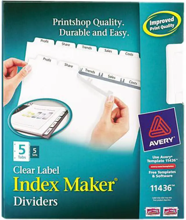 Main image of Avery 11436 Print & Apply Clear Label Dividers, Index Maker Easy Apply Printable Label Strip, 5 White Tabs, 5 Sets (11436)