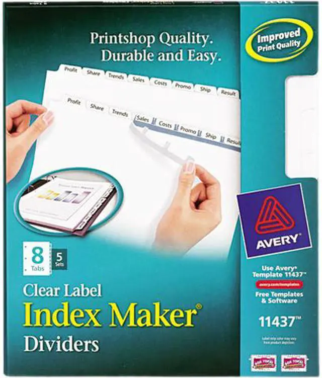 Main image of Avery 11437 Print & Apply Clear Label Dividers, Index Maker Easy Apply Printable Label Strip, 8 White Tabs, 5 Sets (11437)