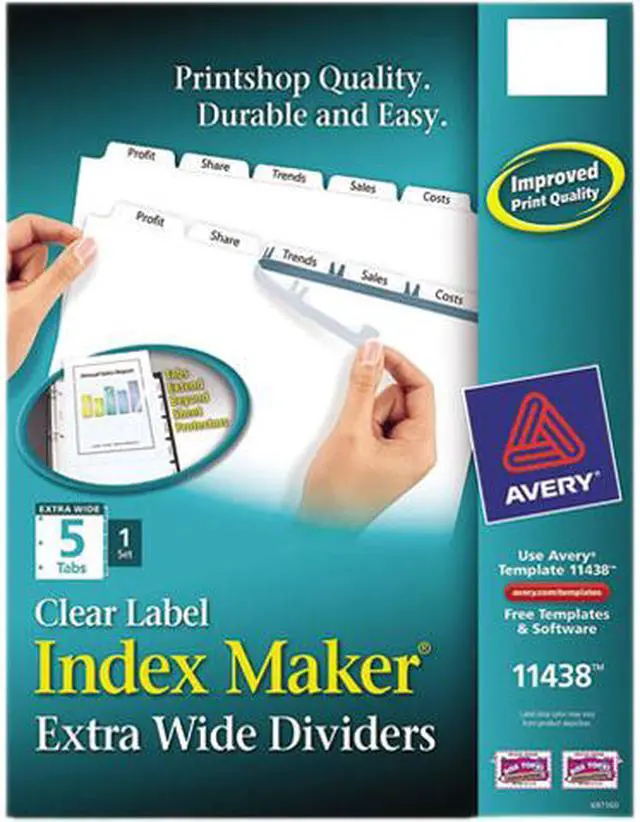 Main image of Avery 11438 Print & Apply Clear Label Extra-Wide Dividers, Index Maker Easy Apply Printable Label Strip, 5 White Tabs (11438)