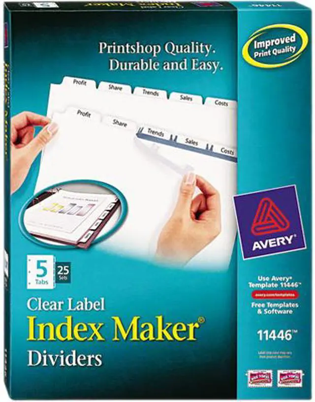 Main image of Avery 11446 Print & Apply Clear Label Dividers, Index Maker Easy Apply Printable Label Strip, 5 White Tabs, 25 Sets (11446)