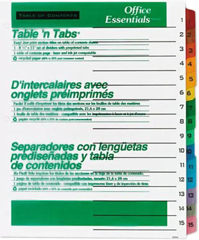 Main image of Avery 11675 Office Essentials Table 'N Tabs Dividers, 15 Multicolor Tabs, 1-15, Letter, Set