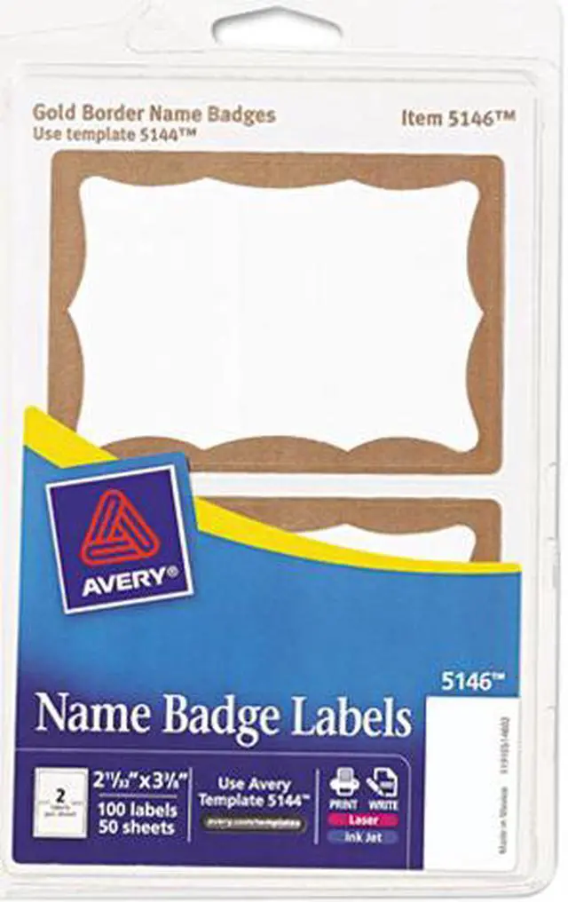 Main image of Avery 5146 Print/Write Self-Adhesive Name Badges, 2-11/32 x 3-3/8, Gold, 100/Pack