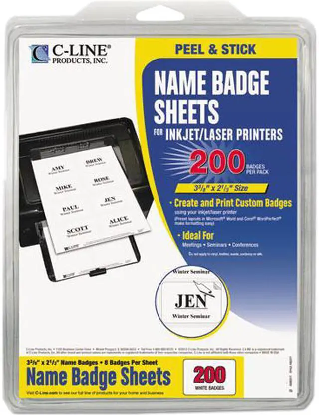 Main image of C-line 92377 Self-Adhesive Inkjet/Laser Printer Name Badges, 2-1/3 x 3-3/8, White, 200/Box