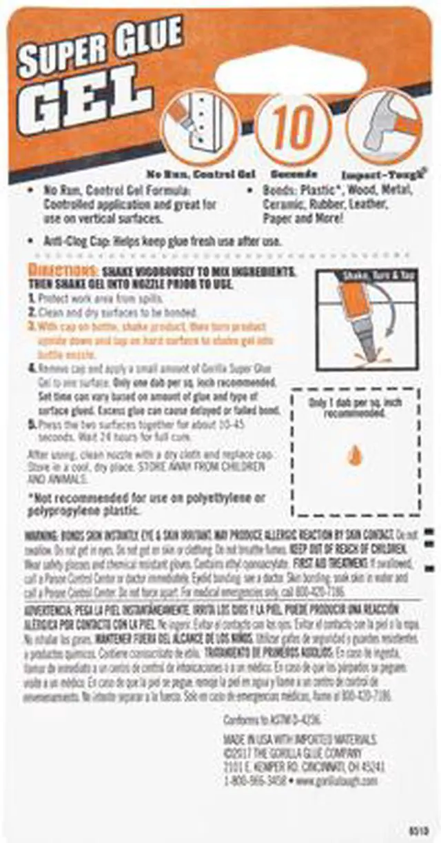 Alt view image 7 of 7 - Gorilla Glue 7807301CT Super Glue Gel, 0.53 oz., Dries Clear, 4/Carton