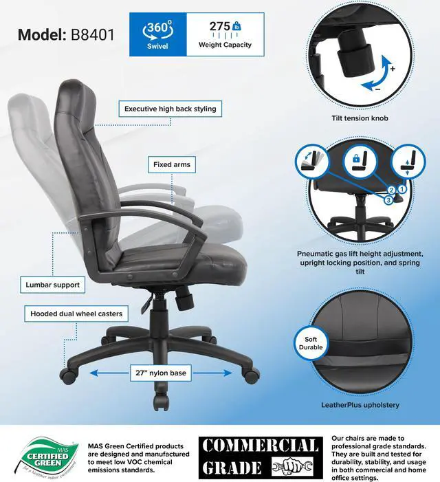 Alt view image 2 of 2 - BOSS Office Products  B8401  Black LeatherPlus Executive Chairs