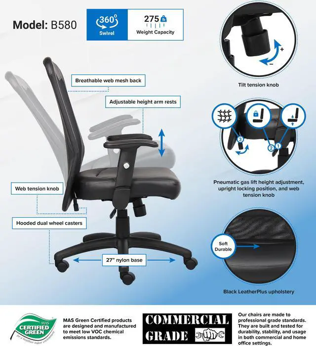 Alt view image 6 of 6 - Boss Office Products B580 The Web Back And Leather Plus Seat with Web Tension Knob 1 Unit Task Chair - Black