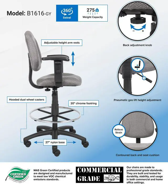 Alt view image 2 of 2 - BOSS Office Products B1616-GY Drafting & Medical Stools