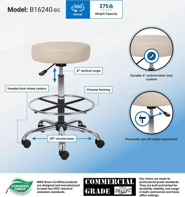 Alt view image 2 of 2 - BOSS Office AM Vinyl Medical/Drafting Stool (B16240-BG)