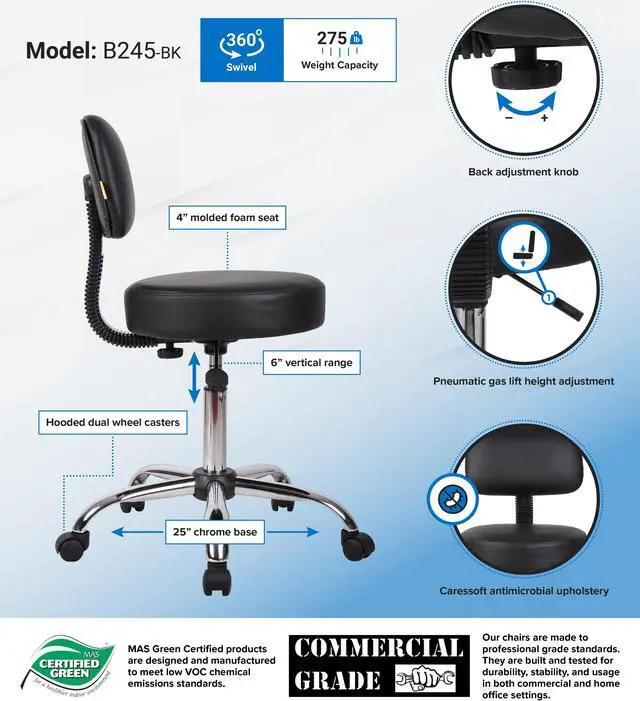 Alt view image 2 of 2 - BOSS Office Products B245-BK Medical Stools