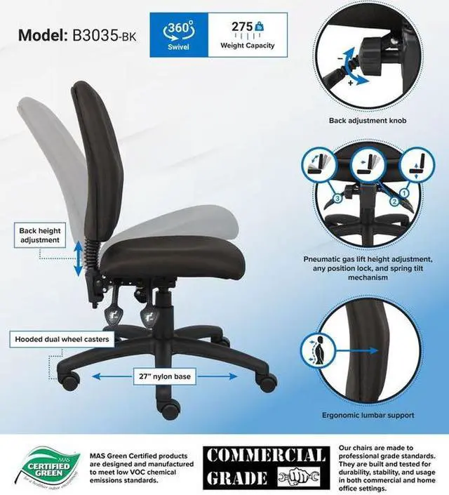 Alt view image 5 of 5 - Boss B3035BK Multi-Function Fabric Task Chair Without Arms