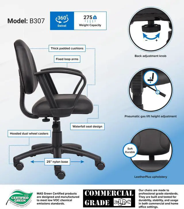 Alt view image 2 of 3 - BOSS Black Posture Chair with Loop Arms (B307)